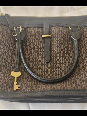 Brown Logo-Print Tote Bag with Black Leather Trim